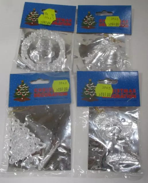 4 Little Clear Plastic Christmas Ornaments Tree Bells Angel Wreath