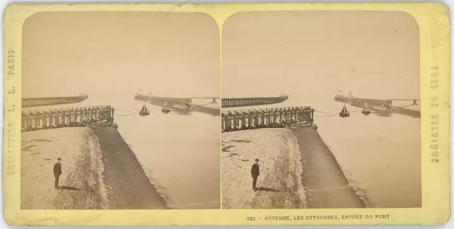 Stéréo circa 1880. Ostende. Oostende. Les Estacades du port. Belgique.