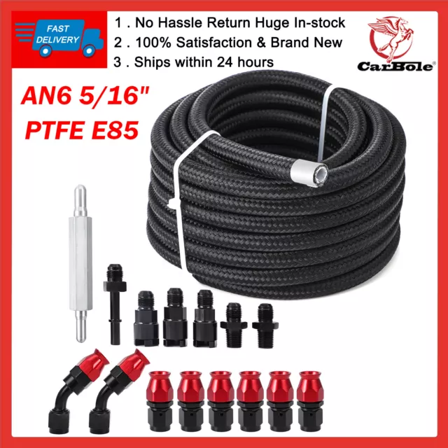 Nylon Stainless Steel 6AN 5/16" PTFE E85 Hose 25FT Braided Fuel Line Fitting Kit