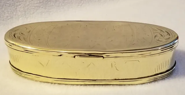 18th Century Dutch Oval Brass Snuff Tobacco Box Engraved Hunting Scene 6-1/8" L.
