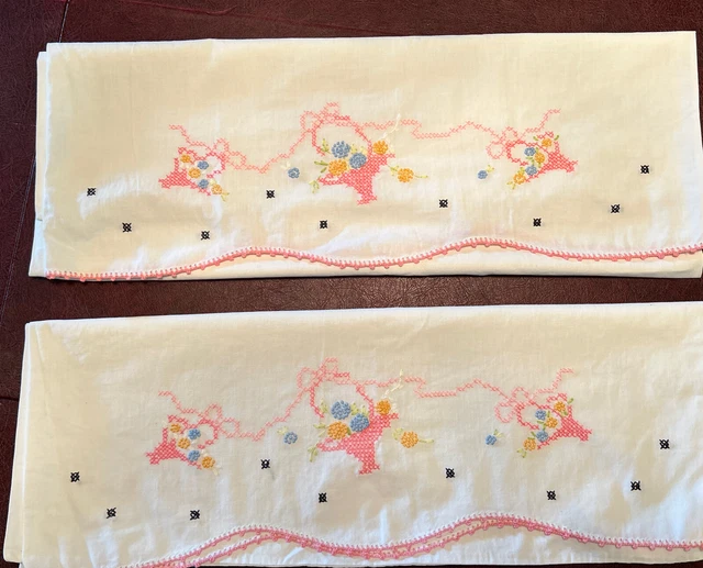 VTG PAIR Embroidered Pillowcases Flower Baskets In Pink 29 X 21”