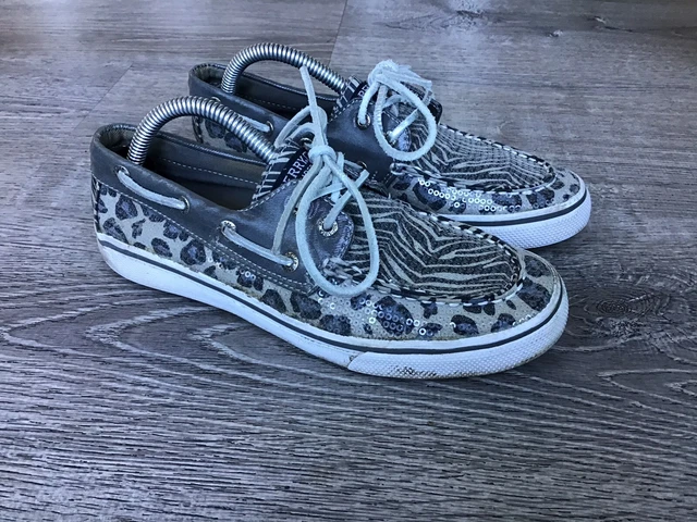 Sperry Bahama boat shoes youth girls size 3.5 gray white leopard animal YG46673