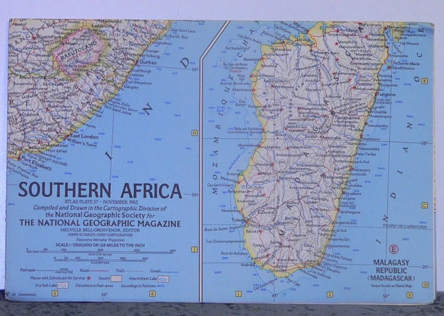 Vintage 1962 National Geographic Map of Southern Africa