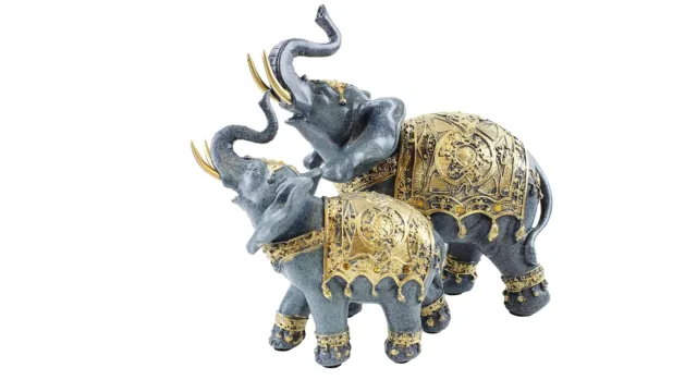 Set of 2 Blue Elephant Trunk Statue Wealth Lucky Feng Shui Figurine Home Deco...