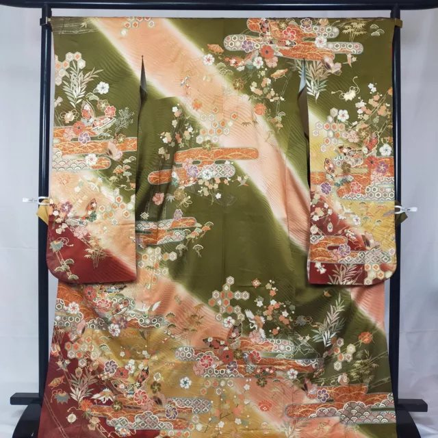 Japanese Vintage Kimono Furisode SILK Height 172cm  Geisha Cosplay butterfly 456