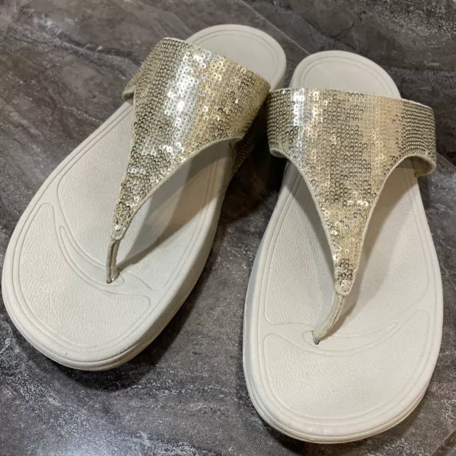 Fitflop Lulu Wedge Flip Flop Gold Sequin Comfort Sandals Women's size 9