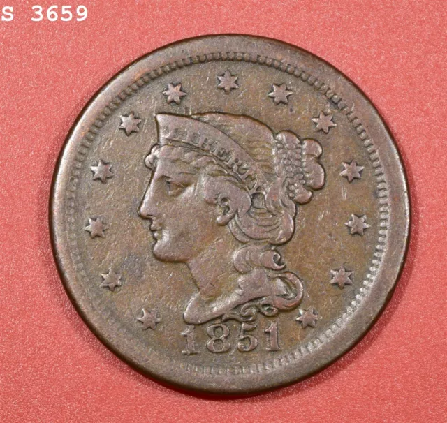 1851 Braided Hair Large Cent "VF" *Free S/H After 1st Item*