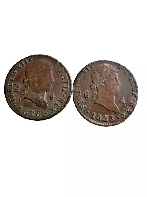 Fernando VII. Lote de 2 monedas de 4 Maravedís  1828 Segovia en EBC-