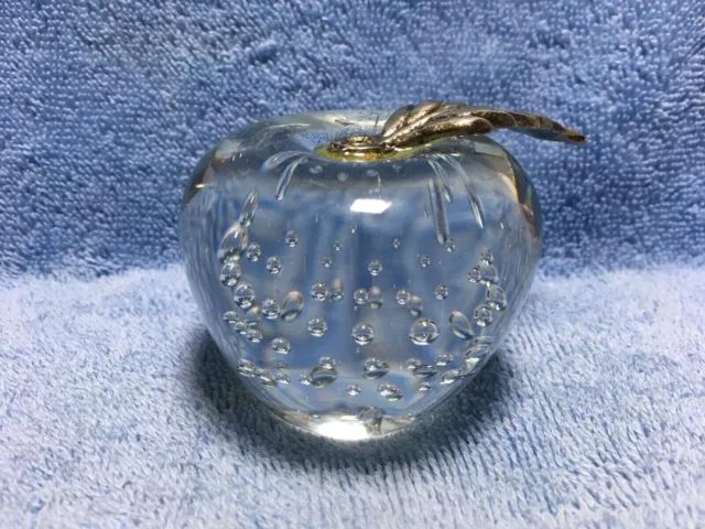 VTG Solid Glass Apple Paperweight w/ Controlled Bubbles & Metal Leaf - No Stem