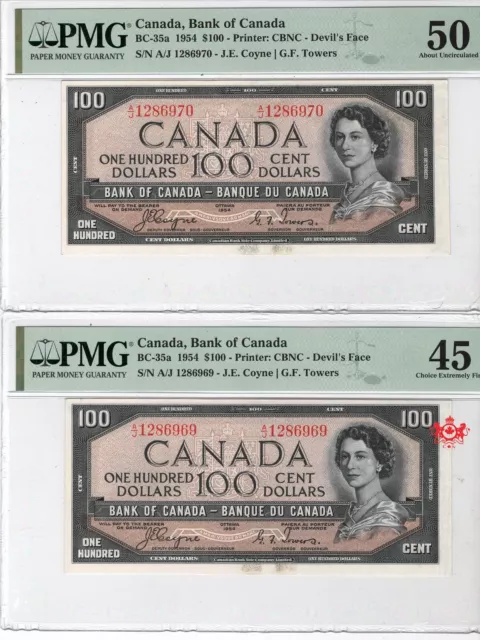 1954 Bank Of Canada 100$ Devil Face Coyne/Tower Consecutive Pair - PMG Graded -