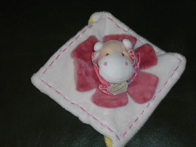 Doudou et Compagnie Vache Pistache Plat Blanc Rose Dessous Jaune