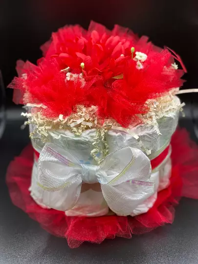 Single Tier Red Floral baby diaper cake -  baby shower centerpiece - floral