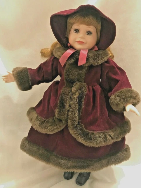 Christmas Doll 17" Winter Porcelain Painted Face Velvet Coat Hat Socks 1980s Vtg