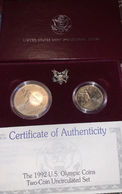 US Mint 1992 US Olympic Coin Set Uncirc. Silver Dollar & Half Dollar w/Box & COA