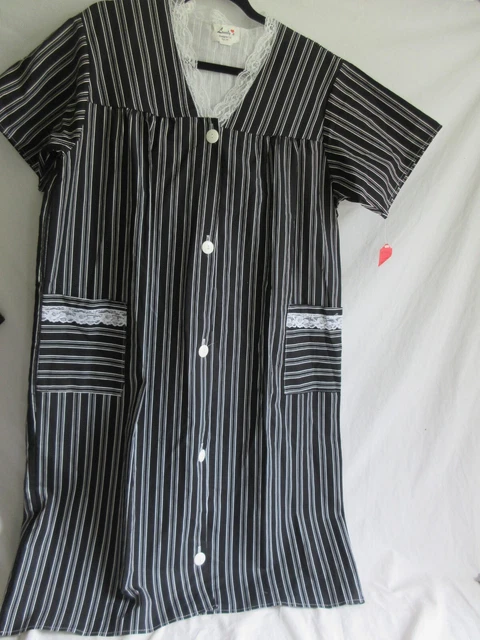 Vtg Lovelys Housecoat Dress Pockets Lace Button Front Cotton Poly Sz L USA