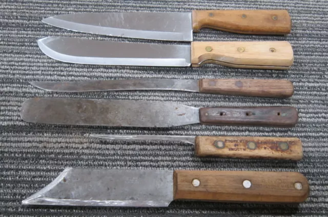 Vint lot of 6 Large Kitchen Knives well worn rustic primitive Farmhouse Decor