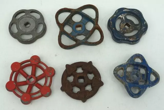 Old Vtg Industrial Cast Iron Faucet Valve Shut Off Handle Oval Flower Lot Of 6