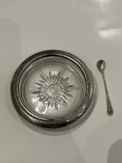 S074 Italy Cut Glass Small Bowl Silver Plate + Salt Spoon