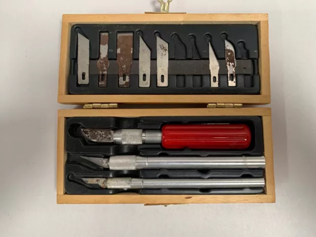VINTAGE X-ACTO 3 KNIFE & 13 Blades WOOD CARVING SET IN Fitted WOOD BOX  COMPLETE