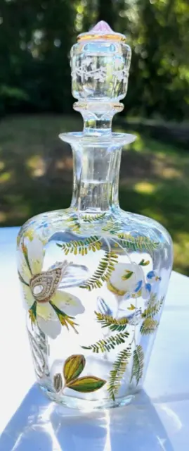 Antique French Art Nouveau Enamel Hand Painted Floral Glass Decanter and Stopper