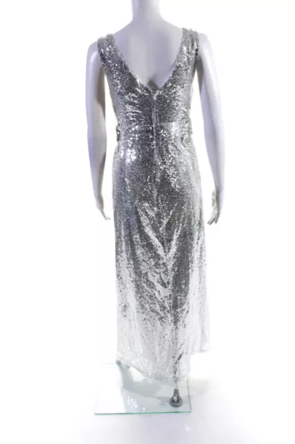 Kate Kasin Womens Sequined Pleated Sleeveless V Neck Gown Silver Tone Size 2 3