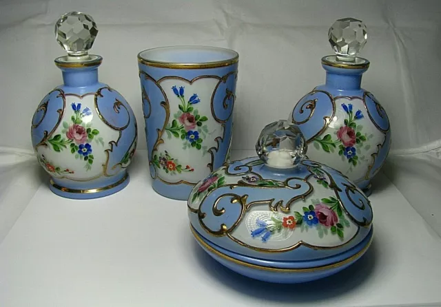 CZECH VINTAGE VANITY GLASS PERFUME SET BOTTLES POWDER JAR CUP Czechoslovakia1930