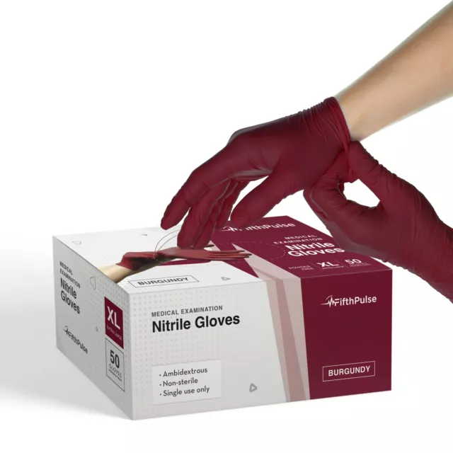 Fifth Pulse Nitrile Exam Latex Free & Powder Free Gloves - Burgundy - 50pcs - XL