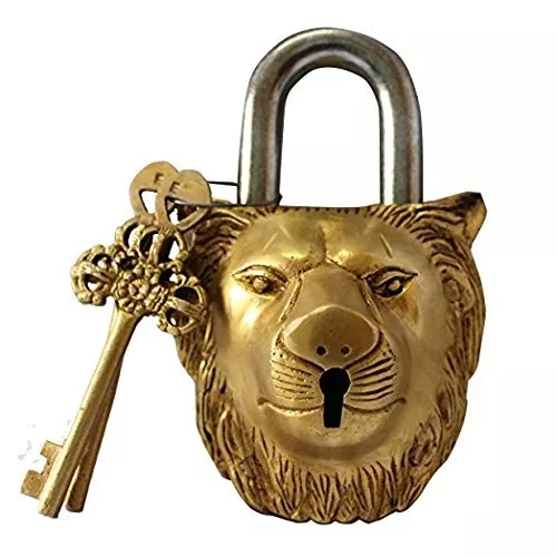 Lion Visage Style Antique Main Laiton Travail Fonctions Cadenas Avec Clés