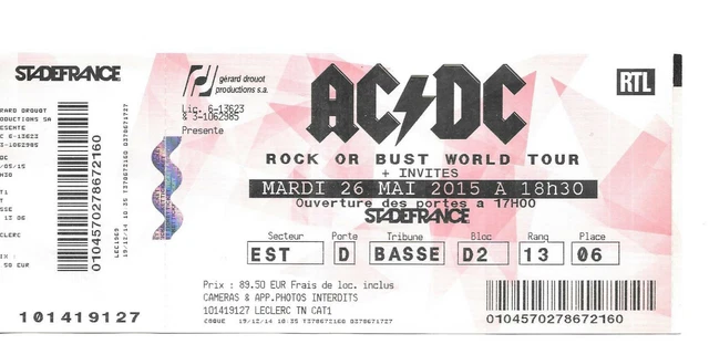 RARE / TICKET Billet Concert - Ac/Dc Ac / Dc : Live A Paris Stade De ...