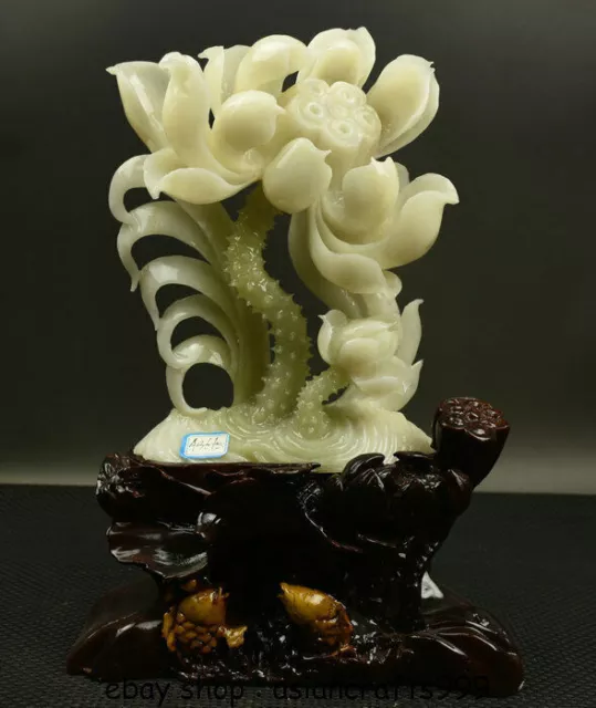 14.8 "Exquisite natürliche Xiu Jade Jadeit geschnitzte Lotusblume Statue Dekor
