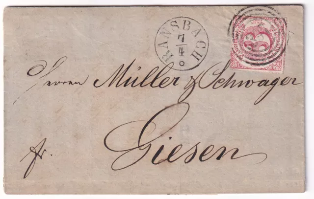 Thurn & Taxis 3 Kr. Mi.Nr. 42 auf Brief von Ransbach "397" nach Giesen 1867