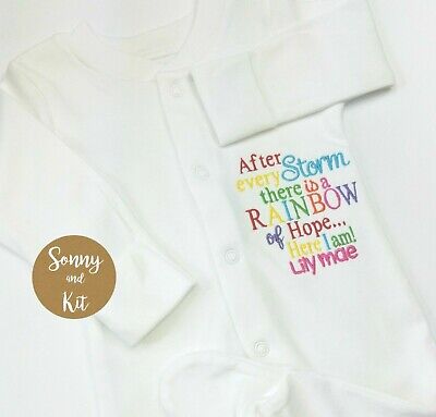 Personalised Rainbow Baby Sleepsuit, Embroidered Gift, IVF, After Every Storm
