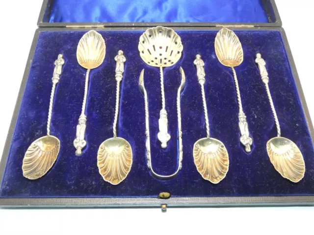 Set Cucchiai 8 Pezzi Argento Sterling Antico Con Custodia - Apostolo - 1903 - J Deakin