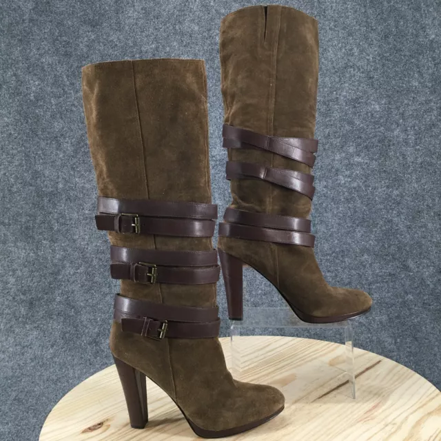 Nine West Boots Womens 9.5 M Izettr Knee High Buckle Strap Brown Leather Heels