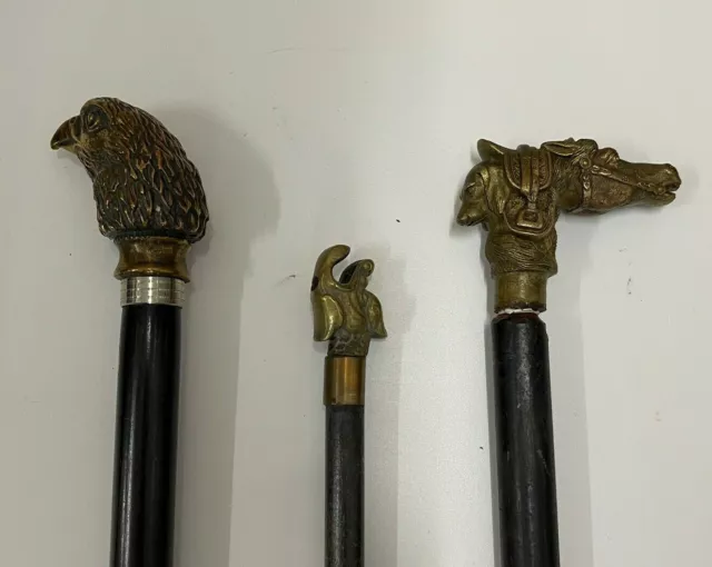 Vintage  walking stick cane x 3 Collection Brass  Novelty  Handles Horse Eagle