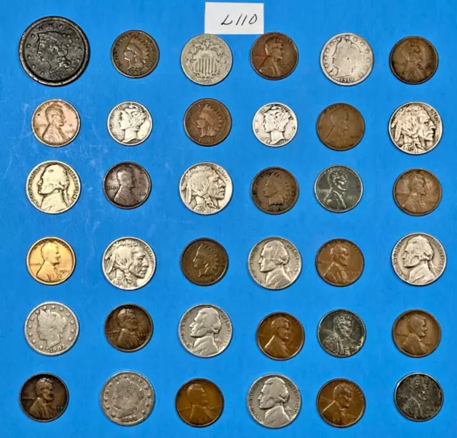 Estate Lot Of 36 Old Coins 1852 Large Cent Indian Head Penny Silver Dimes #L110