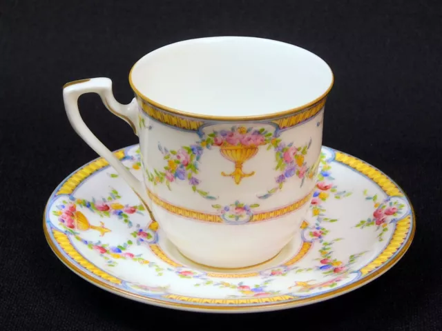 Antique WORCESTER Rosemary Gold Pink Blue Floral Demitasse Cup & Saucer Hand Ptd