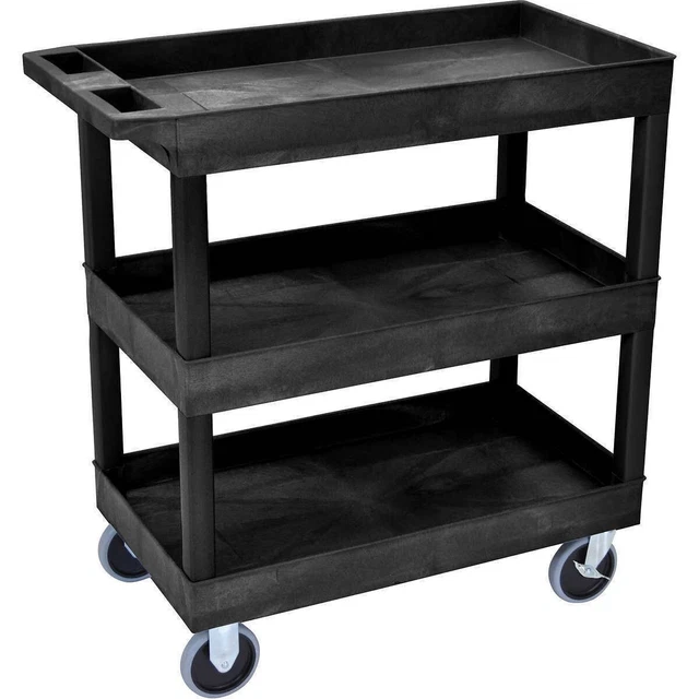 3 Shelf Utility Cart Rolling Heavy-Duty Service Tool Storage Plastic Black