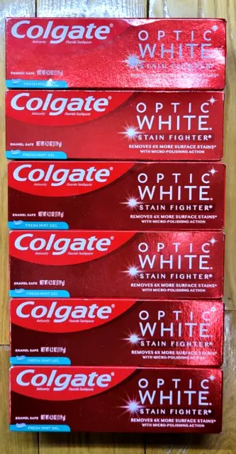6 X COLGATE OPTIC WHITE STAIN FIGHTER FRESH MINT GEL TOOTHPASTE 4.2oz Exp. 09/24