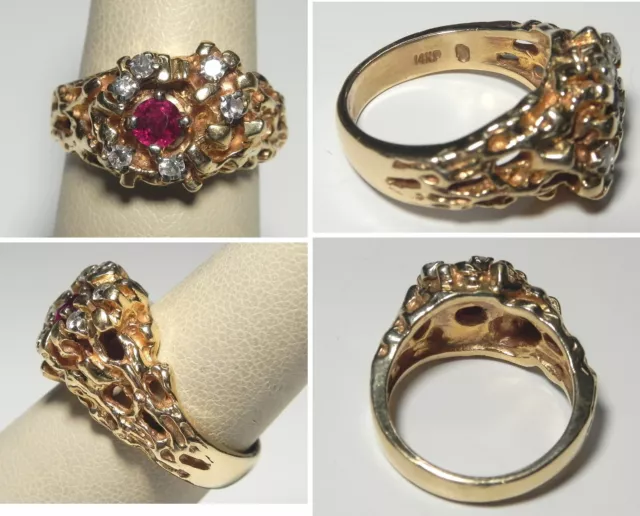 C1593 Vintage Handmade 14K Solid YG Diamond and Ruby Nugget Style Ring, Sz 8.25