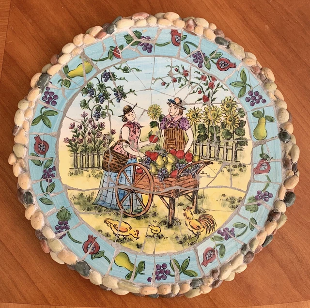 French Country Fruit Cart Scene Inlaid Mosaic HP Painted Tile Pieces Metal 11.5"
