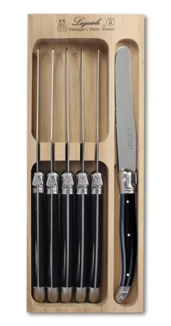 Laguiole Dinner Knife Set of 6, High Quality Cutlery in Wooden Gift Box, Black