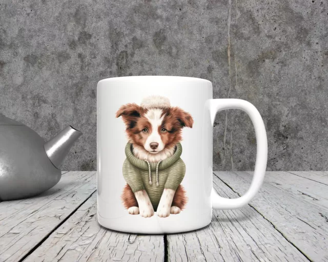 BROWN BORDER COLLIE PUPPY DOG CHRISTMAS OUTFIT 11 oz coffee mug
