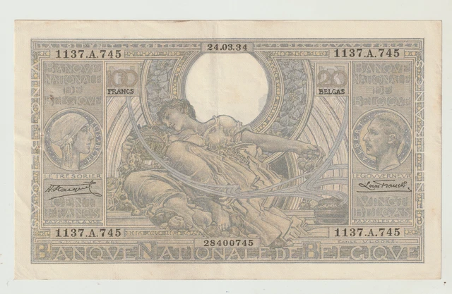 Billet, Belgique -100 Francs-20 Belgas - 24/03/1934- TTB
