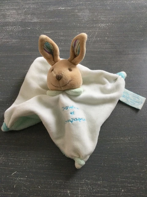 Doudou Et Compagnie Lapin marron Blanc Turquoise Col Vert oreilles Violet