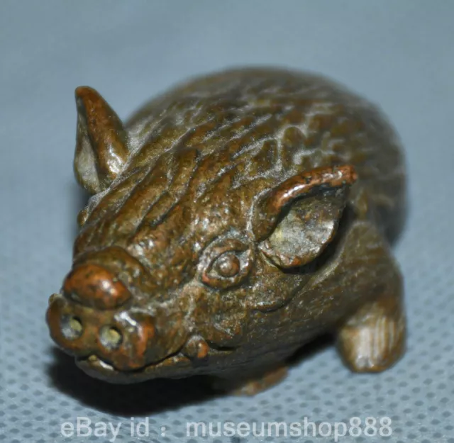2.2" Old Chinese Red Bronze Craving Fengshui 12 Zodiac Year Pig Sculpture 3