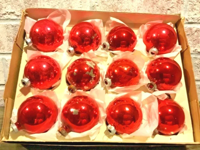 Set of Twelve Vintage Red Mercury Glass Christmas Ornaments Shabby Chic MCM