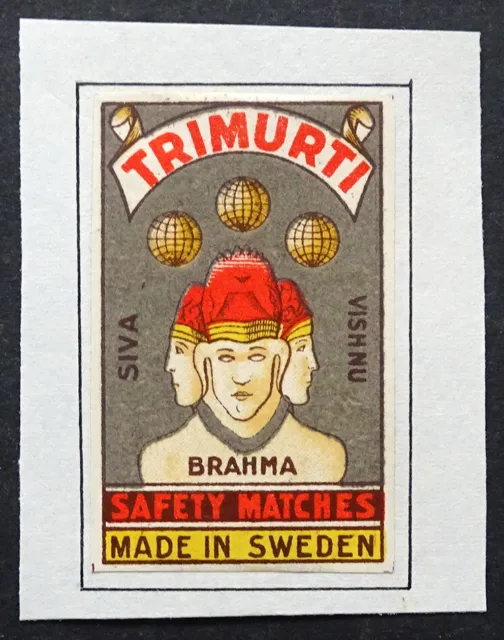 UNUSED! Antique TRIMURTI SIVA VISHNU BRAHMA Vintage MATCHBOX LABEL / Sweden