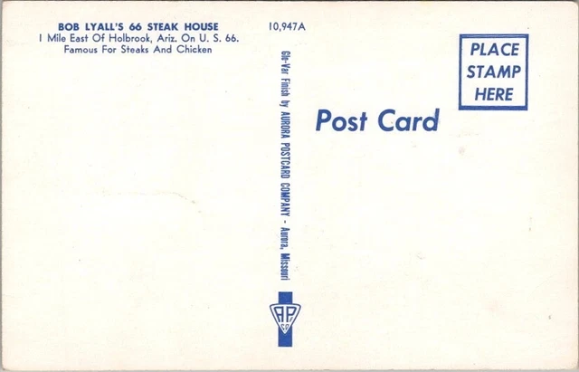 1950s Holbrook, Arizona Postcard "BOB LYALL'S 66 STEAK HOUSE" Route 66 / Chrome 2