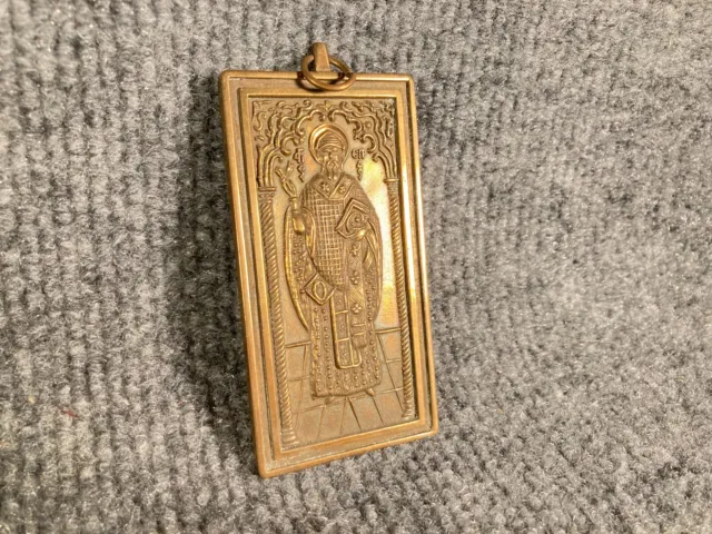 Vintage Orthodox Brass Metal Pendant Engolpion Saint Ambrose 3 1/4 x 1 5/8 x 1/8
